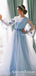 Newest A Line 3D Flowers Dubai Beauty Tulle Long Sleeves Light Blue Elegant A-line Long Cheap Prom Dresses, PDS0045