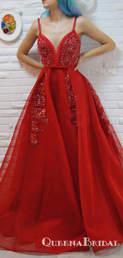 A-Line Spaghetti Straps Red Beaded Prom Dresses with Appliques, QB0711