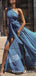 Unique One Shoulder Blue Chiffon Long Cheap Prom Dresses, QB0760