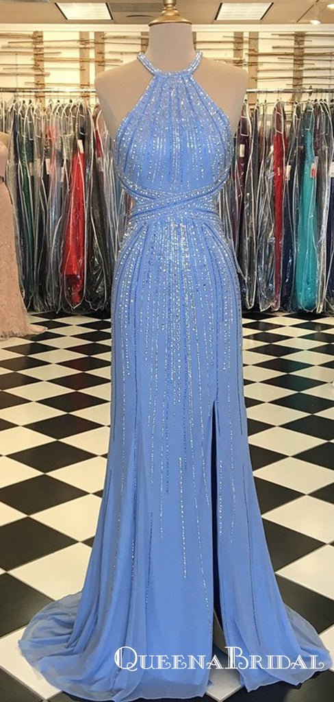 2019 Sheath Crew Long Light Blue Prom Dresses with Beading Split, QB0512