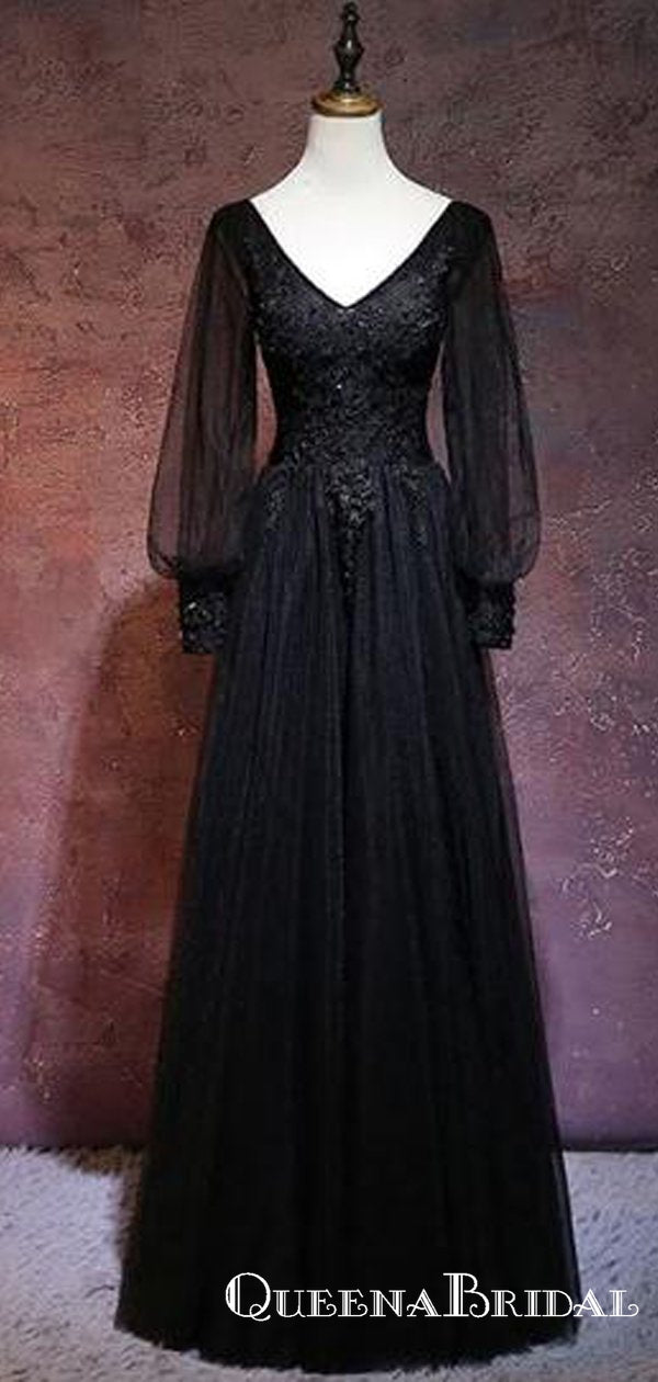 Elegant Black Tulle A-Line Prom Dress with Long Puff Sleeves-Gothic La QueenaBridal Elegant Black Tulle A-Line Prom Dress with Long Puff Sleeves-Gothic La QueenaBridal