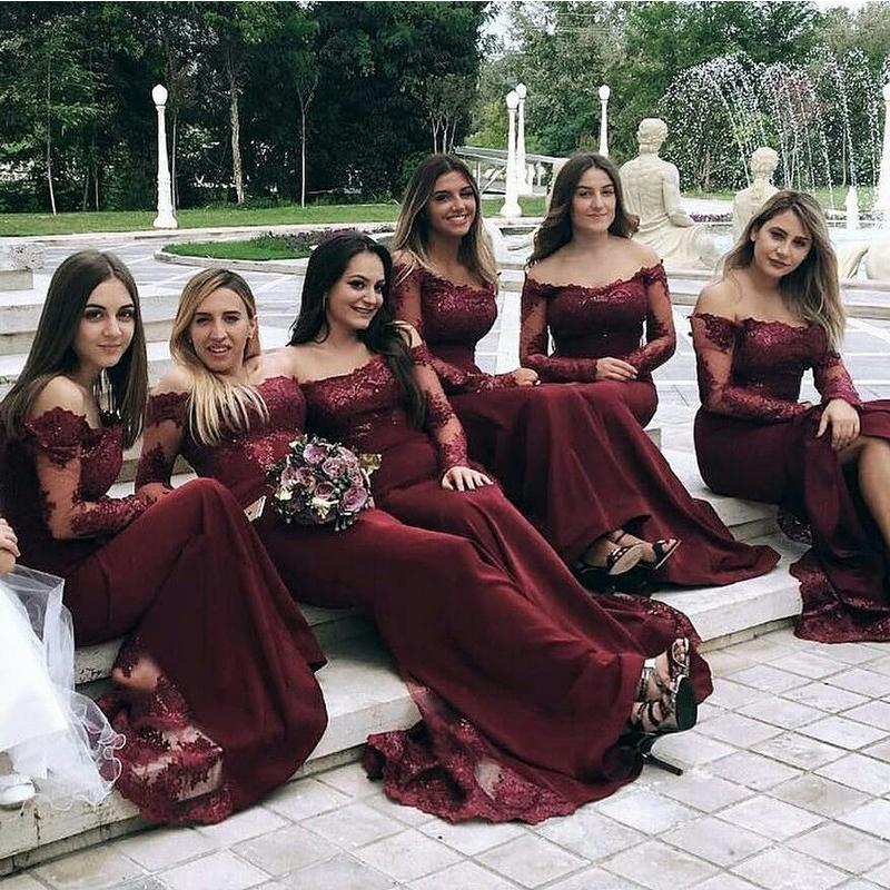 Burgundy Long Sleeves Mermaid Cheap Long Bridesmaid Dresses Online, WG QueenaBridal Burgundy Long Sleeves Mermaid Cheap Long Bridesmaid Dresses Online, WG QueenaBridal