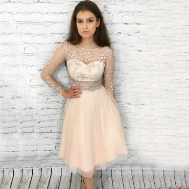 Round Neck Long Sleeves Cheap Short Homecoming Dresses with Appliques, QB0216