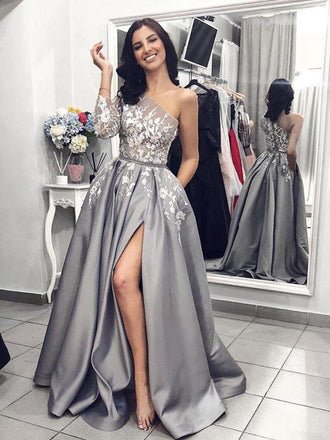 2019 Grey One Shoulder Long Sleeves Lace Long Evening Prom Dresses, QB0406