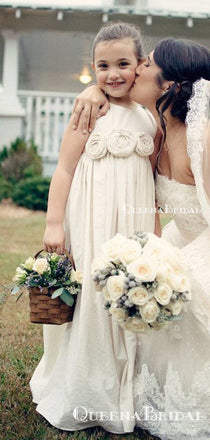 Popular Round Neck Ivory Long Cheap Flower Girl Dresses With Handmade Flowers, FGS0009