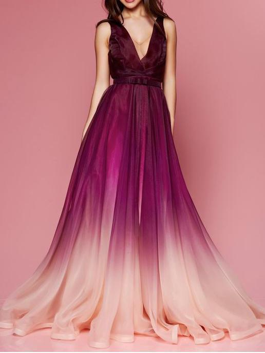 Maroon Ombre Prom Dresses V Neck Cheap Long Formal Dresses for Women, QB0316