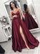 2020 Maroon Spaghetti Straps Side Slit Long Evening Prom Dresses, QB0407