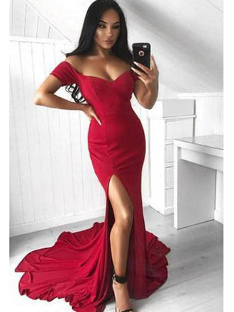 Simple Off Shoulder Side Slit Mermaid Cheap Long Evening Prom Dresses, QB0437