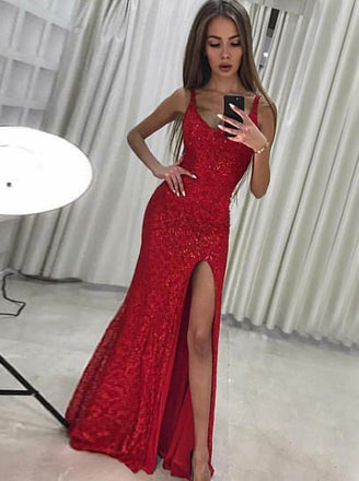 Sparkly Red Side Slit Lace Mermaid Long Evening Prom Dresses, QB0434