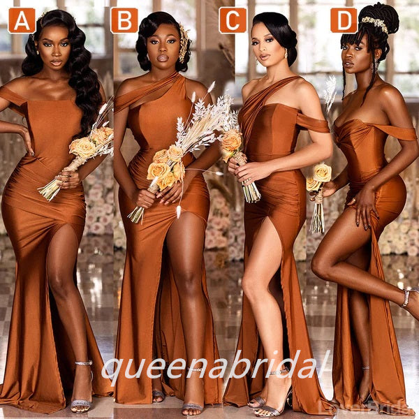Mismatched Burnt Orange Mermaid Side Slit Maxi Long Bridesmaid Dresses, BDS0134