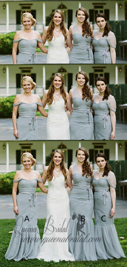 Mismatched Mermaid Off Shoulder Long Sage Bridesmaid Dresses with Sash QueenaBridal Mismatched Mermaid Off Shoulder Long Sage Bridesmaid Dresses with Sash QueenaBridal
