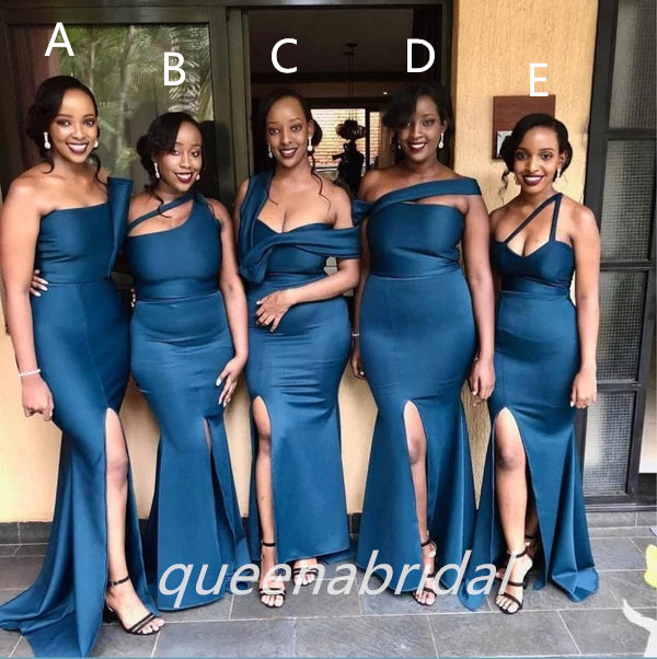 Mismatched Blue Mermaid Side Slit Maxi Long Bridesmaid Dresses, BDS013 – QueenaBridal