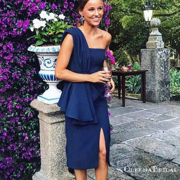 Sheath Strapless Navy Blue Knee Length Satin Bridesmaid Dresses with Split, QB0846