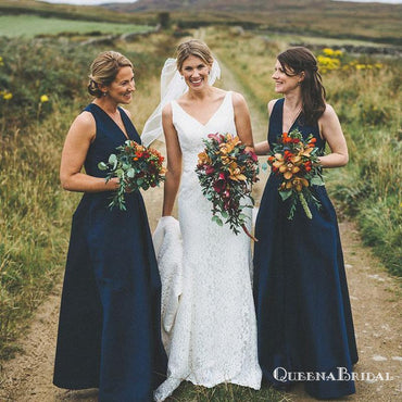 Elegant A Line V Neck Open Back Satin Navy Bridesmaid Dresses with Pockets, QB0746