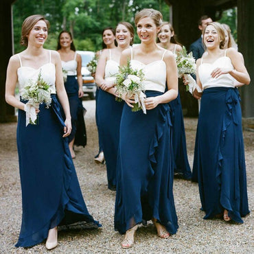 Spaghetti Straps Navy Blue Chiffon Long Cheap Bridesmaid Dresses with Ruffles, QB0014