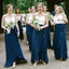 Spaghetti Straps Navy Blue Chiffon Long Cheap Bridesmaid Dresses with Ruffles, QB0014