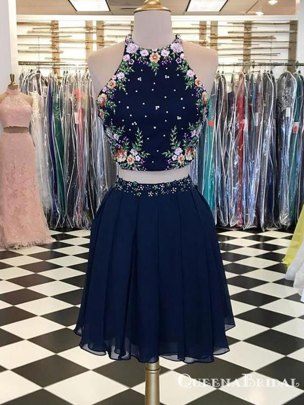 Cute Two Piece Halter Navy Blue Chiffon Short Homecoming Dresses with QueenaBridal Cute Two Piece Halter Navy Blue Chiffon Short Homecoming Dresses with QueenaBridal