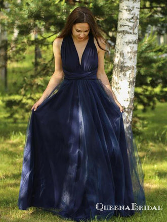 Simple Navy Blue V Neck Sleeveless Long Cheap Prom Dresses, QB0751