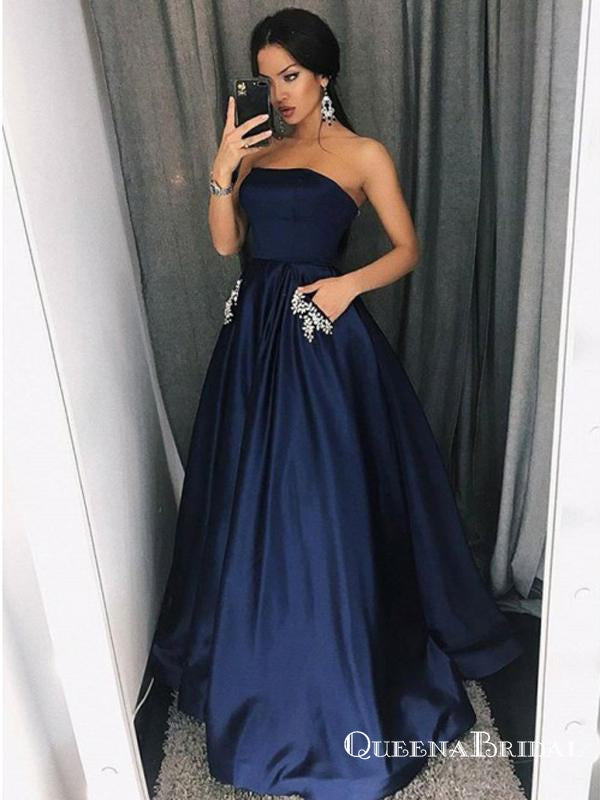 A-Line Straight Neck Sleeveless Navy Blue Long Prom Dresses With Beade QueenaBridal A-Line Straight Neck Sleeveless Navy Blue Long Prom Dresses With Beade QueenaBridal