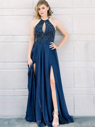 A Line Halter Keyhole Navy Blue Prom Dresses With Beading Split, QB0588