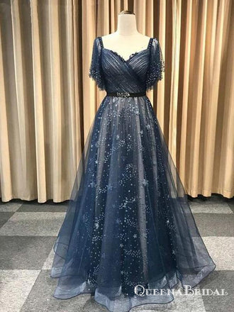 Unique Blue Short Sleeve V Neck Long Cheap Prom Dresses, QB0654