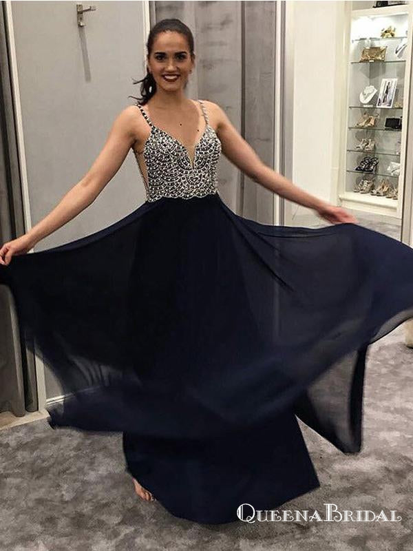 A-Line Spaghetti Straps Long Navy Blue Prom Dresses with Beading, QB0533