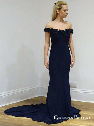 Mermaid Off-Shoulder Long Navy Blue Prom Dresses with Appliques, QB0508