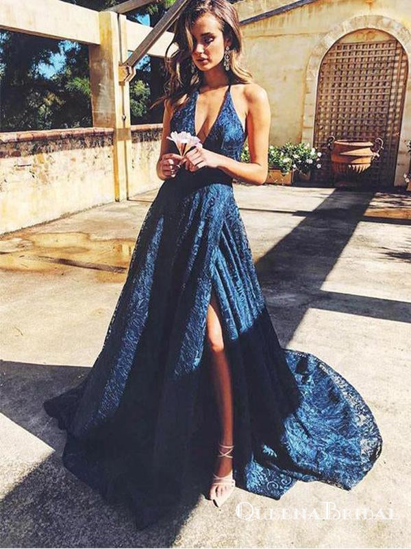 Beautiful A Line Navy Blue V Neck Split Front Long Prom Dresses, QB075 QueenaBridal Beautiful A Line Navy Blue V Neck Split Front Long Prom Dresses, QB075 QueenaBridal
