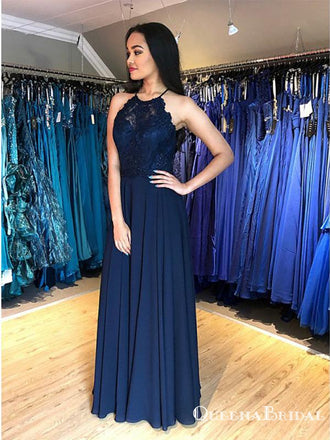 A-Line Jewel Open Back Blue Long Cheap Prom Dresses with Lace, QB0793