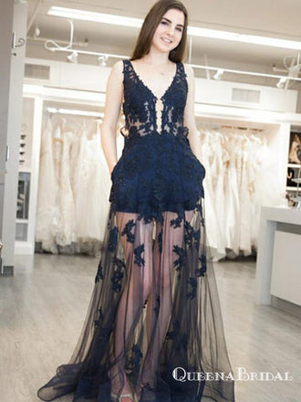 Sheath V-Neck Navy Blue Long Prom Dresses with Appliques&Pockets, QB0510