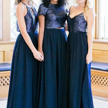 Cheap Mismatched Navy Sequin Custom Long Bridesmaid Dresses, WG232