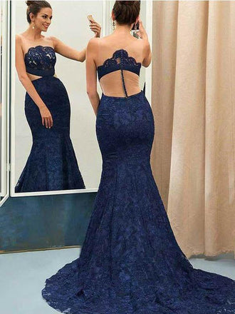 Sexy See Through Navy Lace Mermaid Long Evening Prom Dresses, QB0432