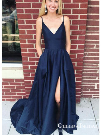 Simple V Neck Side Slit Cheap Long Evening Prom Dresses, QB0608