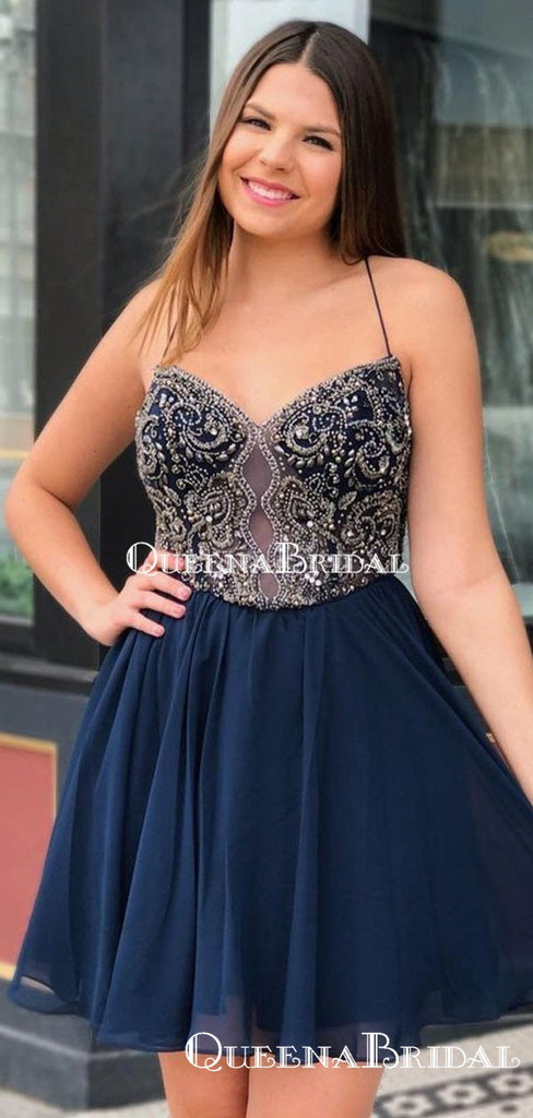 Sexy Halter-Strap Navy Blue Chiffon Beaded A-line Short Cheap Party Homecoming Dresses, HDS0019