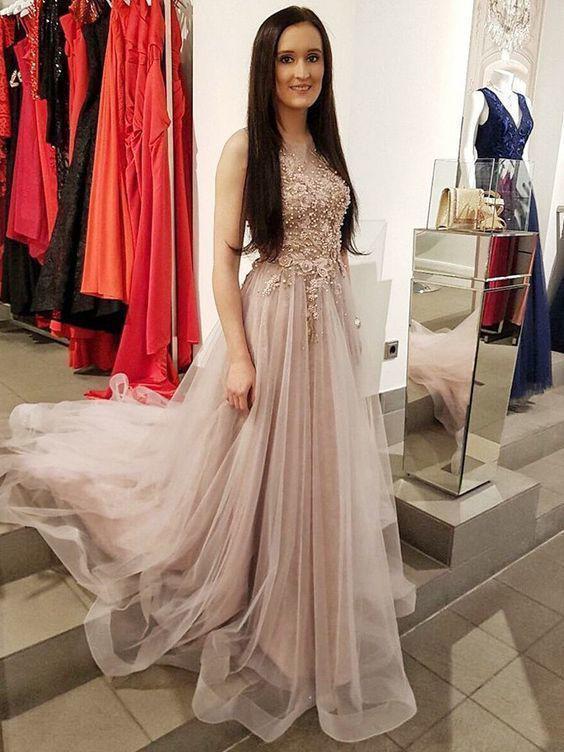 Nude Organza Prom Dresses Long Lace Applique Beaded Evening Gowns, QB0301