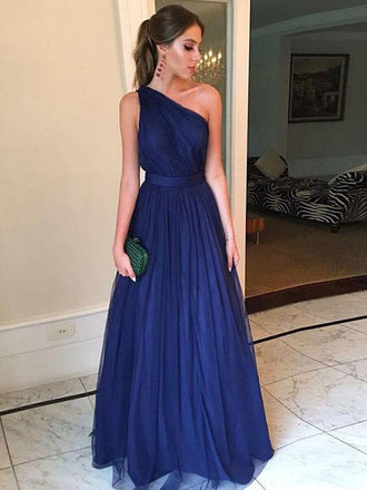Simple Charming One Shoulder Navy Tulle Long Evening Prom Dresses, QB0412