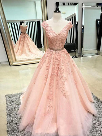 Pink V-neck Cap Sleeves Peach Lace A-line Long Evening Prom Dresses, QB0394