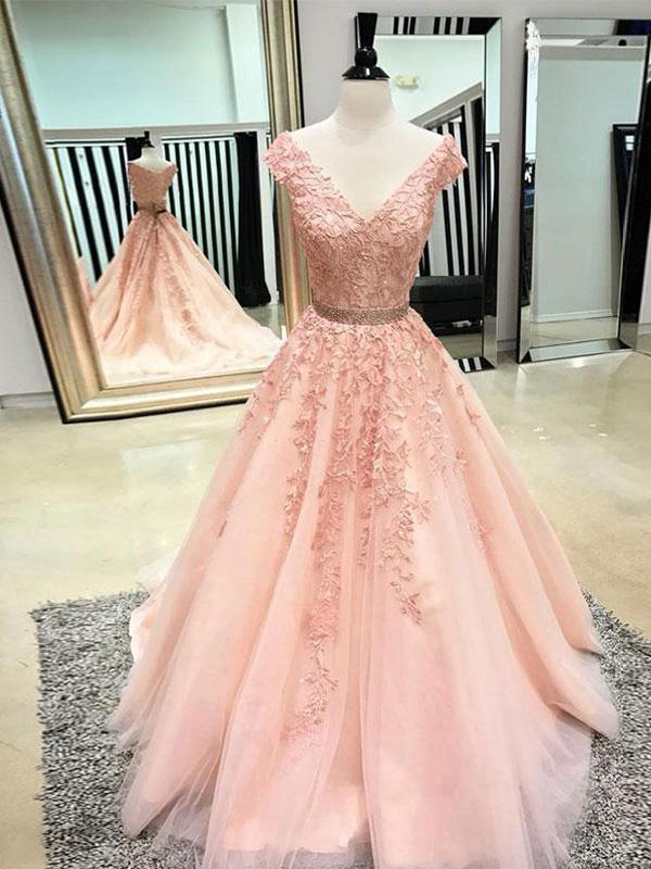 Pink V-neck Cap Sleeves Peach Lace A-line Long Evening Prom Dresses, Q QueenaBridal Pink V-neck Cap Sleeves Peach Lace A-line Long Evening Prom Dresses, Q QueenaBridal