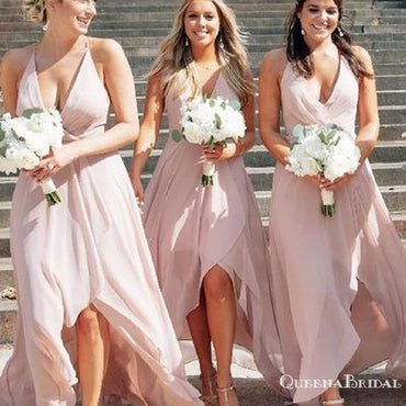 Boho Deep V Neck High Low Pink Chiffon Cheap Bridesmaid Dresses, QB0872