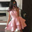 A-Line Bateau Cap Sleeves Short Cheap Pink Homecoming Dresses With Lace Applique, QB0062