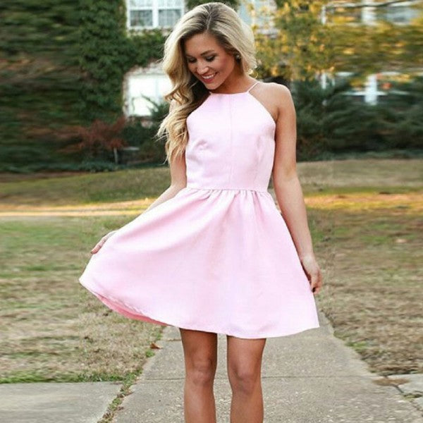 Simple Halter Strap Backless Short Cheap Pink Satin Homecoming Dresses QueenaBridal Simple Halter Strap Backless Short Cheap Pink Satin Homecoming Dresses QueenaBridal