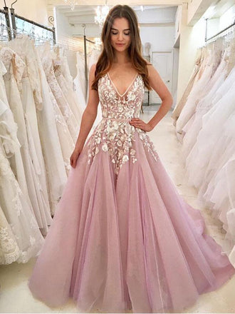 2019 Charming Cheap V Neck A-line Lace Pink Long Evening Prom Dresses, QB0395