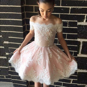 Pretty Off-Shoulder Lace Appliques Short Cheap Pink Homecoming Dresses, QB0069