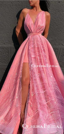 Gogerous V-neck Sleeveless A-line Sparkly Sequin Long Cheap Formal Evening Prom Dresses, QB0970