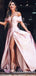 Simple Charming Pink Off-The-Shoulder A-line Pink Satin Long Cheap Side Slit Prom Dresses, QB0952