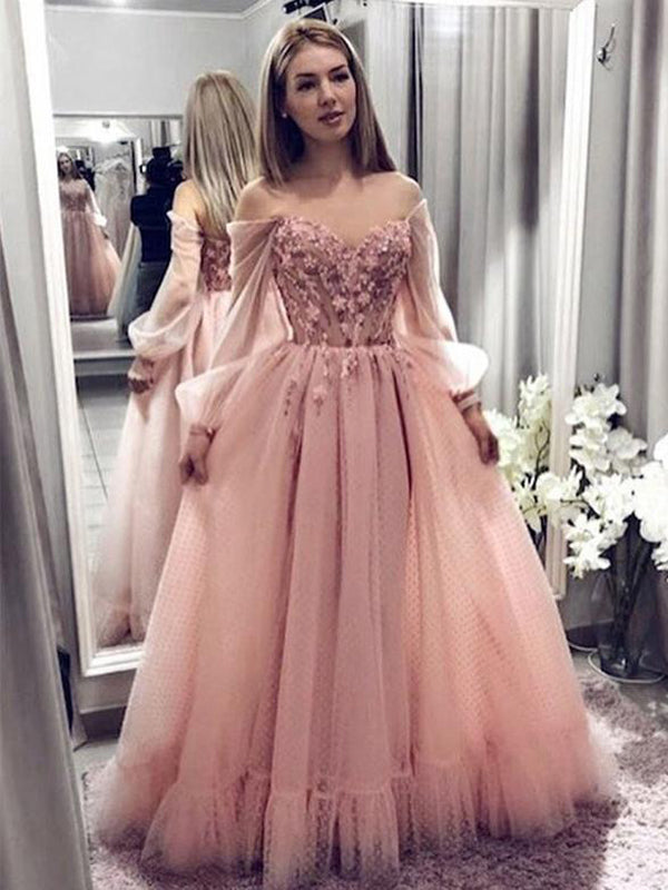 Pink Off The Shoulder Long Sleeve Long Cheap Tulle Prom Dresses With A QueenaBridal Pink Off The Shoulder Long Sleeve Long Cheap Tulle Prom Dresses With A QueenaBridal