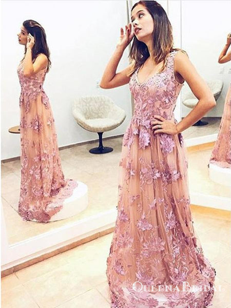 Elegant Blush Lace Applique Prom Dress with Plunging V-Neck FD3468