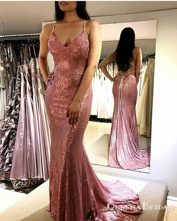 Sparkle Sequined Pink Mermaid Long Cheap Evening Prom Dresses, QB0665