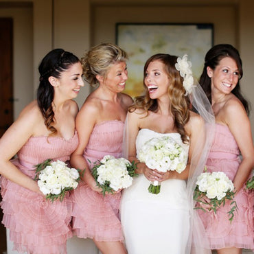 Sweetheart Sleeveless Pink Short Cheap Chiffon Bridesmaid Dresses with Handmade Flower, QB0135