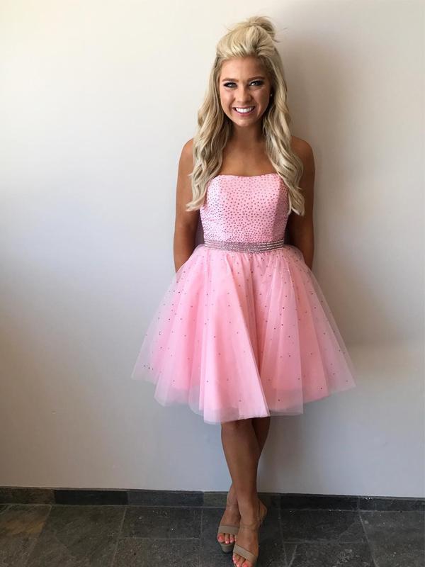 Strapless Beaded Tulle Pink Short Homecoming Dresses 2018, CM507 QueenaBridal Strapless Beaded Tulle Pink Short Homecoming Dresses 2018, CM507 QueenaBridal